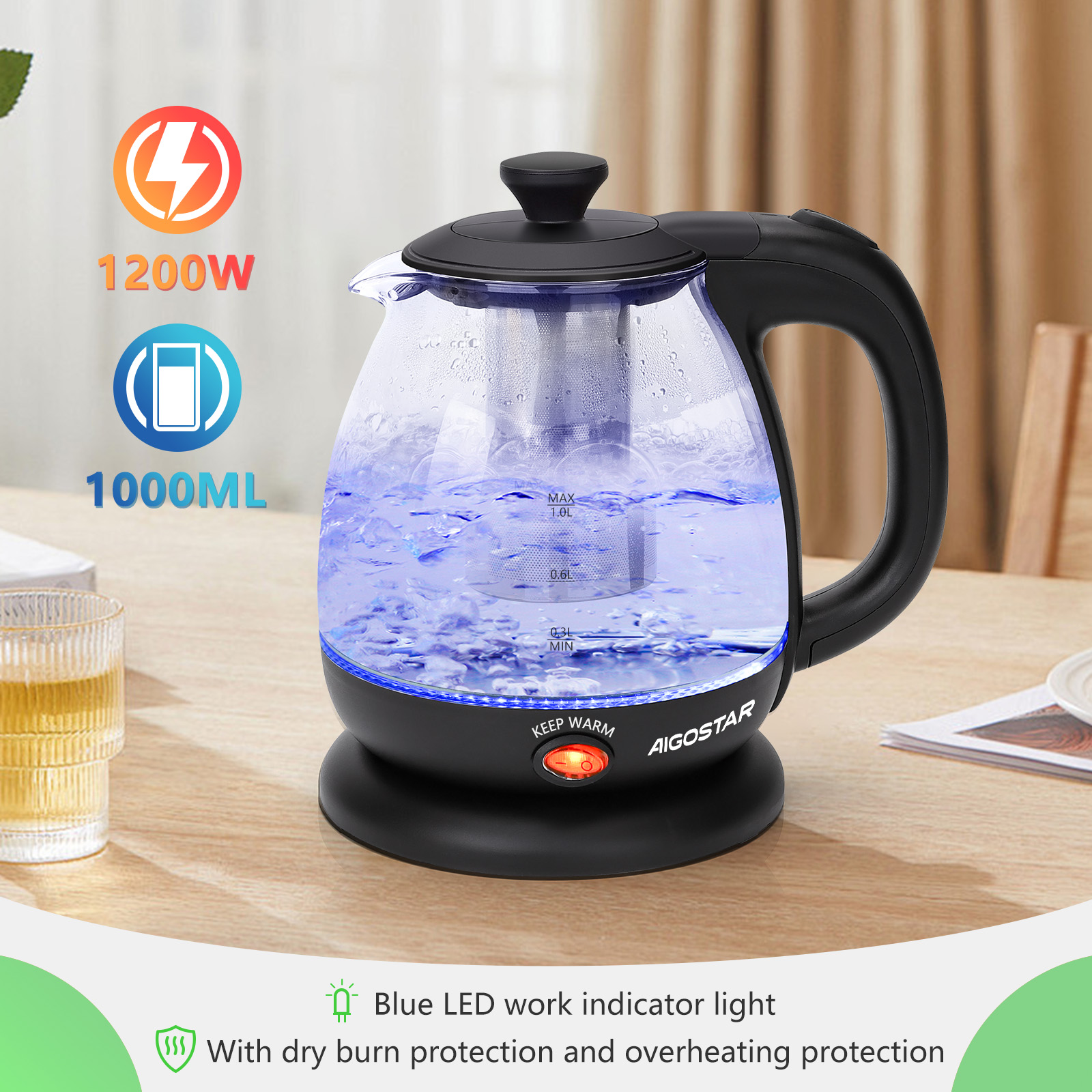 Foto 4 pulgar | Hervidor Eléctrico Aigostar Tetera De Vidrio 1l Con Infusor Color Negro