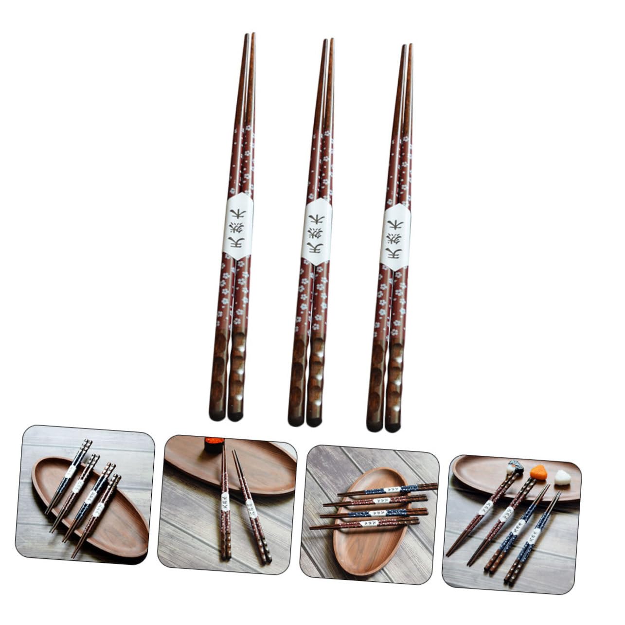 Foto 4 pulgar | Palillos Feltechelectr De Madera Puntiaguda, 3 Pares, Con Estampado De Cerezas - Venta Internacional.