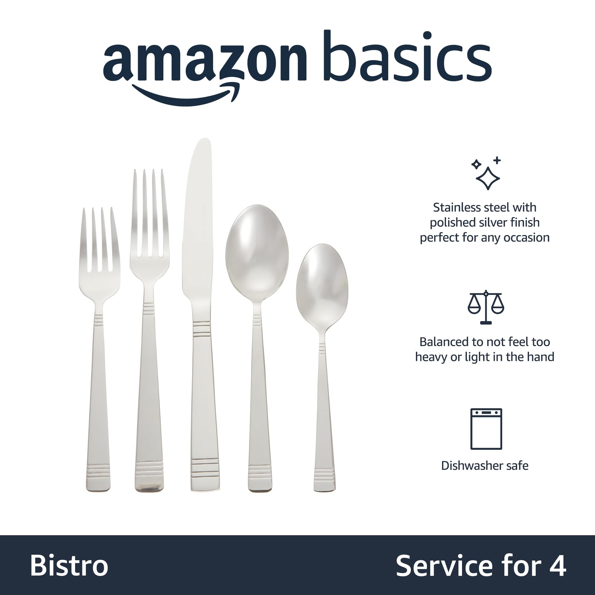 Foto 3 pulgar | Juego De Cubiertos Amazon Basics De Acero Inoxidable Plateado, 20 Piezas - Venta Internacional.