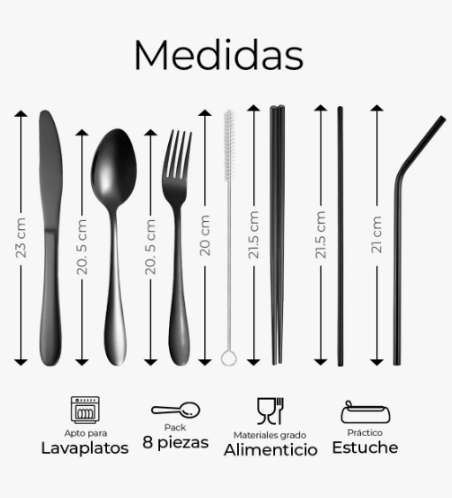 Foto 4 pulgar | Juego De Cubiertos Portátil 8 Piezas De Acero Inoxidable Color Negro