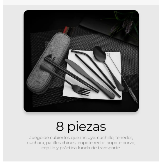Foto 5 pulgar | Juego De Cubiertos Portátil 8 Piezas De Acero Inoxidable Color Negro