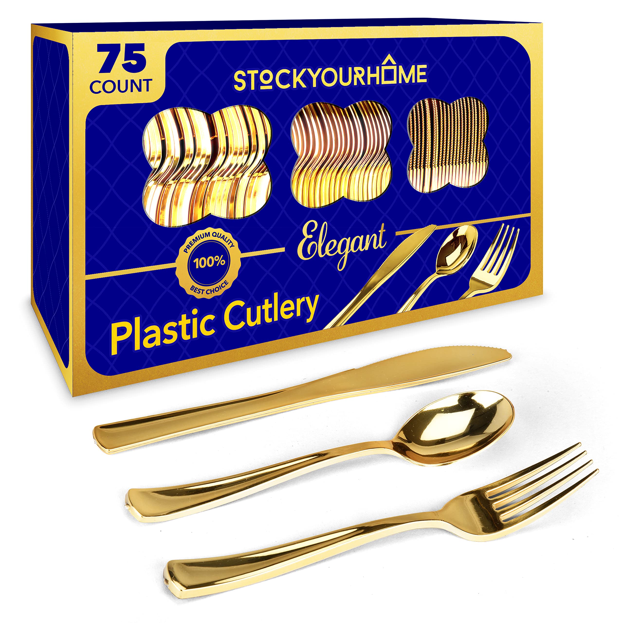 Juego De Cubiertos Desechables Stock Your Home, 75 Piezas, Color Dorado - Venta Internacional.