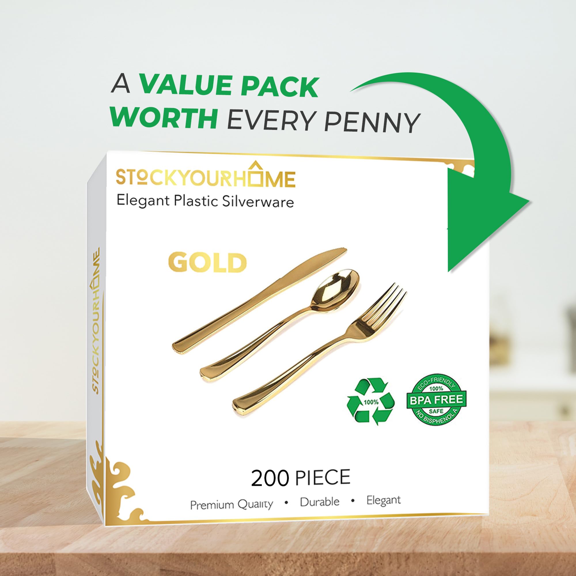 Foto 5 | Juego De Cubiertos Desechables De Plástico Dorado, Paquete De 200 - Venta Internacional.