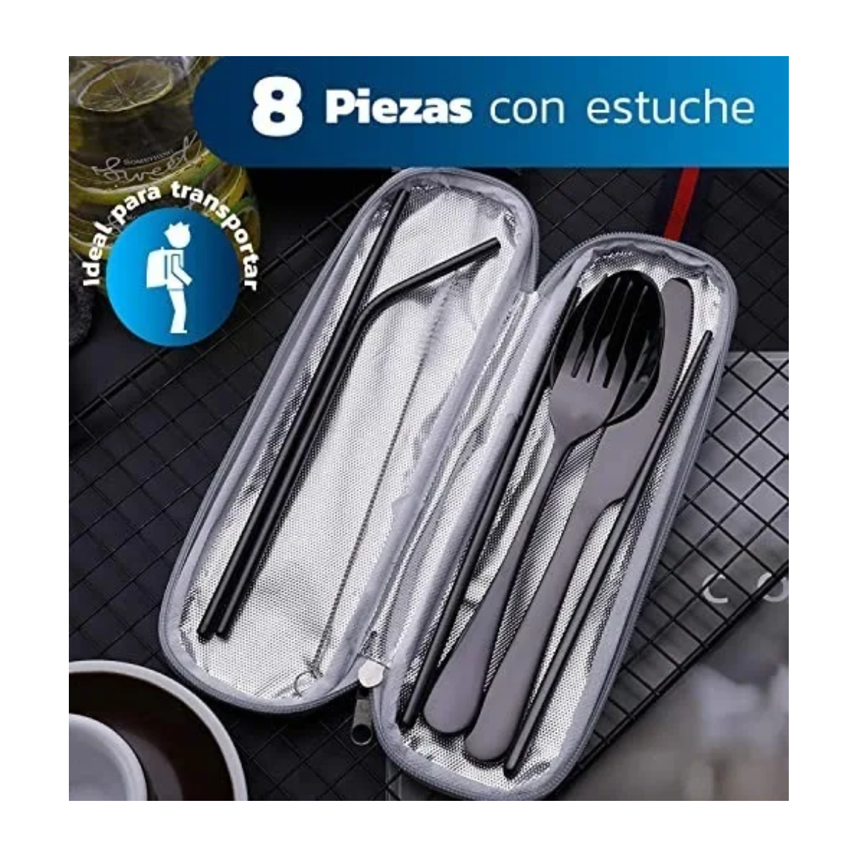 Foto 5 pulgar | Juego De Cubiertos De Acero Inoxidable Portátil De 8 Piezas Eo Safe Imports Esi-20714 Negro