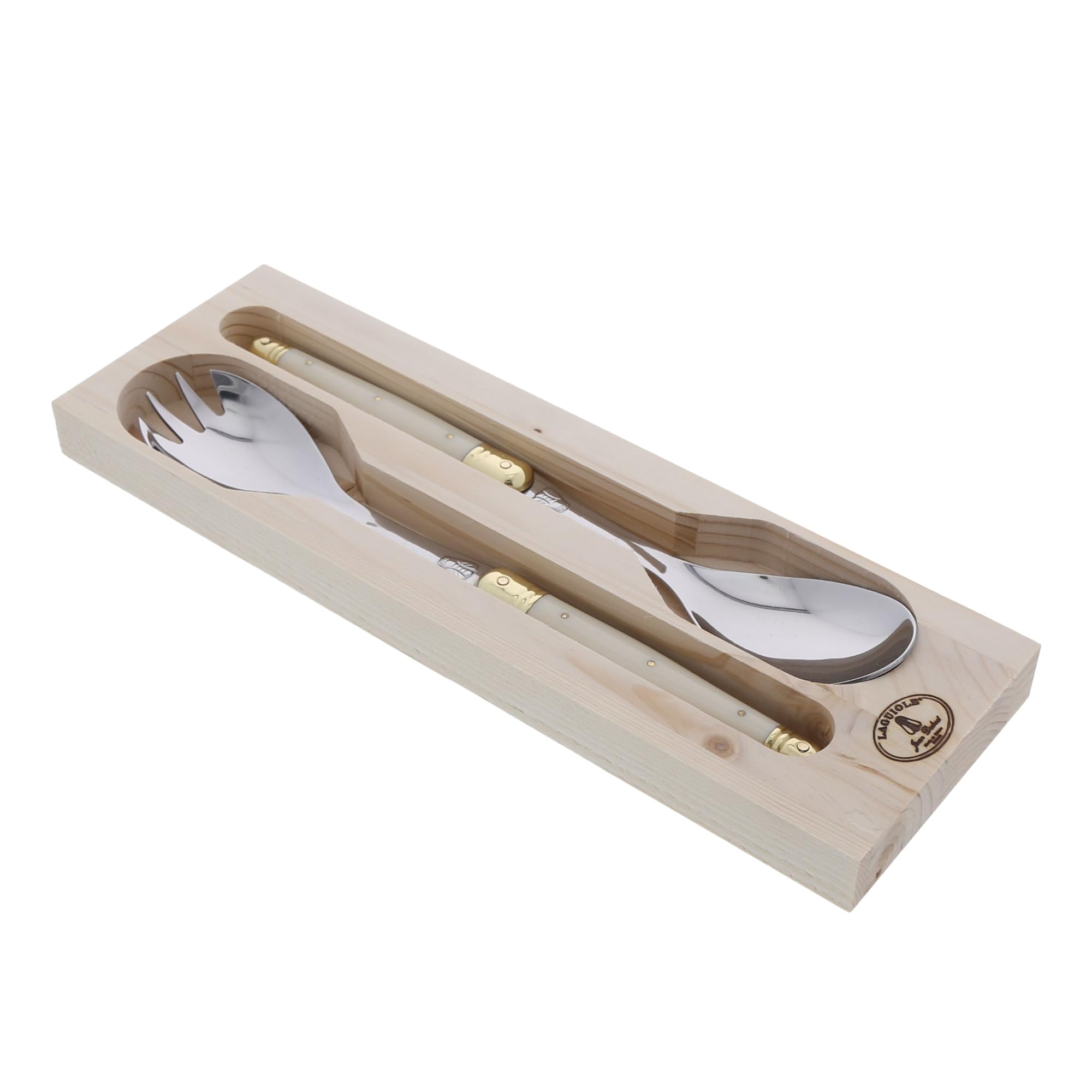 Foto 1 | Servidores De Ensalada Jean Dubost Con Asas Color Marfil Y Bandeja De Madera - Venta Internacional.