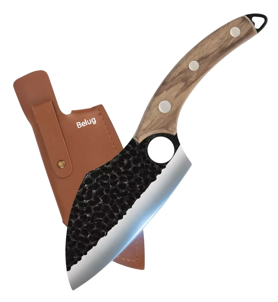 Cuchillo Chef de Cocina Forjado a Mano con Funda de Cuero Negro