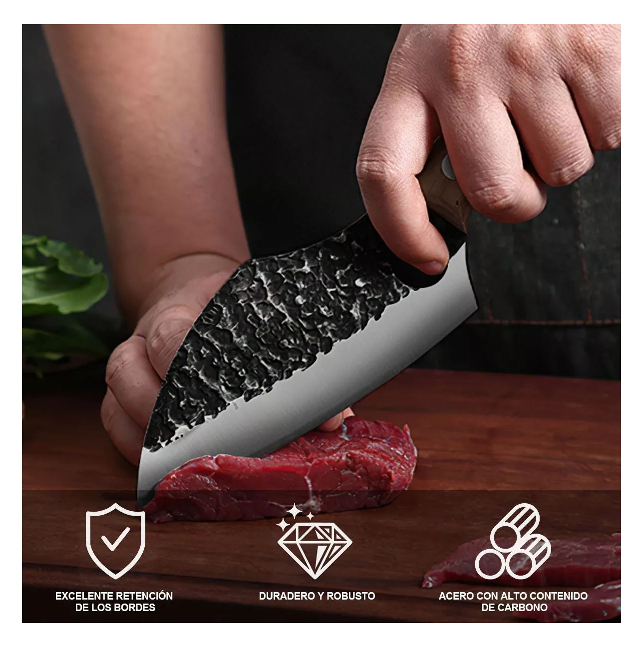 Foto 4 pulgar | Cuchillo Chef de Cocina Forjado a Mano con Funda de Cuero Negro