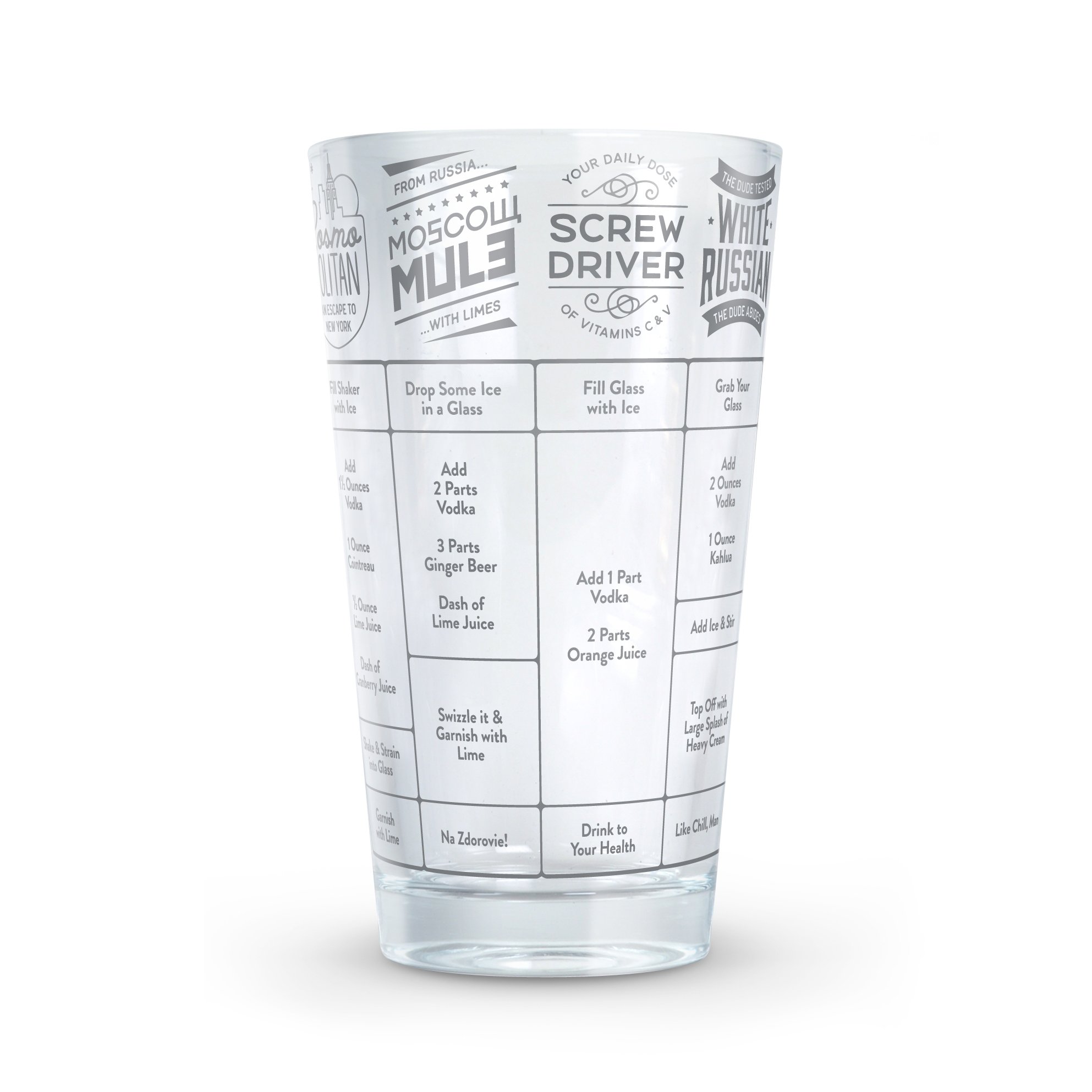 Vaso con Recetas de Cóctel para Vodka Genuine Fred Good Measure 16 Onzas - Venta Internacional