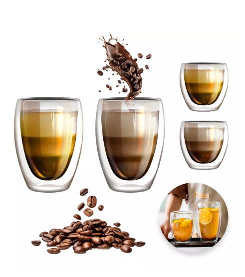 4 Vasos De Vidrio Para Café Doble Pared Térmico 350ml/150ml Color Transparente