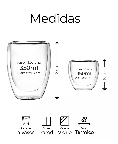 Foto 2 | 4 Vasos De Vidrio Para Café Doble Pared Térmico 350ml/150ml Color Transparente