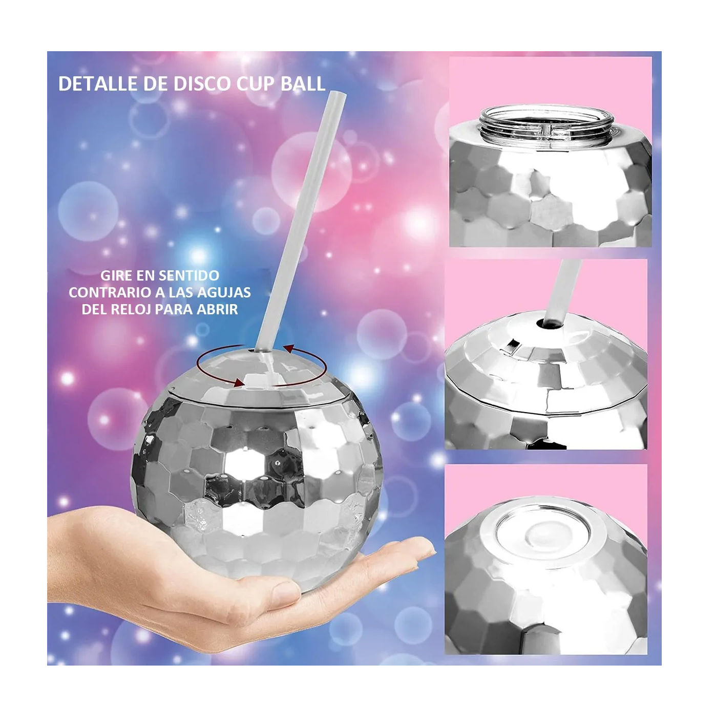 Foto 4 pulgar | Vaso Esfera Bola Disco Ball Popote 600ml Fiesta Copa Espejo