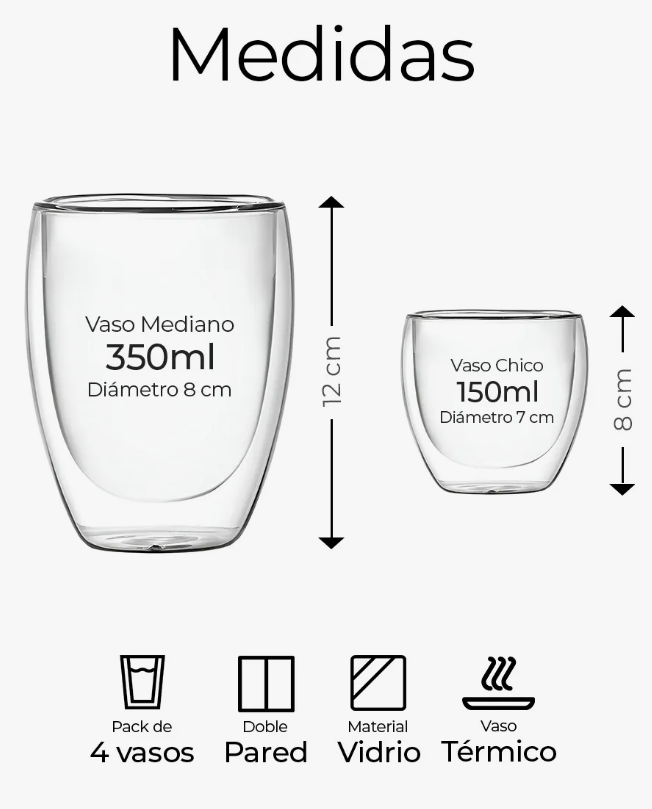 Foto 4 pulgar | 4 Vasos De Vidrio Para Café Doble Pared Térmico 350ml/150ml Color Transparente
