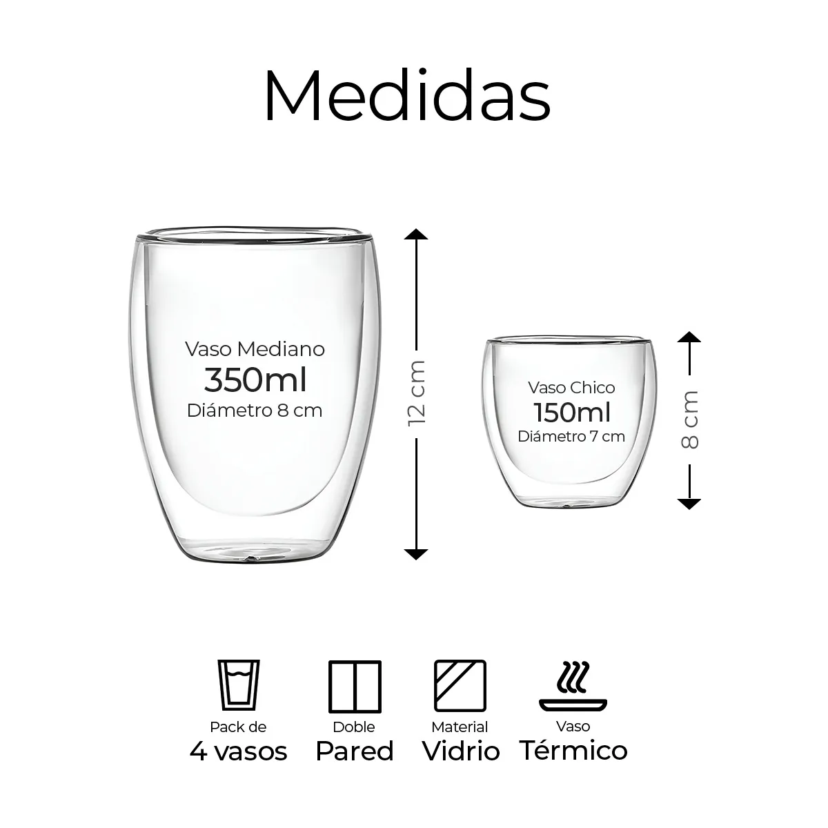 Foto 4 pulgar | 4 Vasos De Vidrio Para Café Doble Pared Térmico 350m Eo Safe Imports Esi-20722 Trasparente