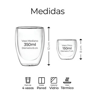 Foto 3 | 4 Vasos De Vidrio Para Café Doble Pared Térmico 350m Eo Safe Imports Esi-20722 Trasparente