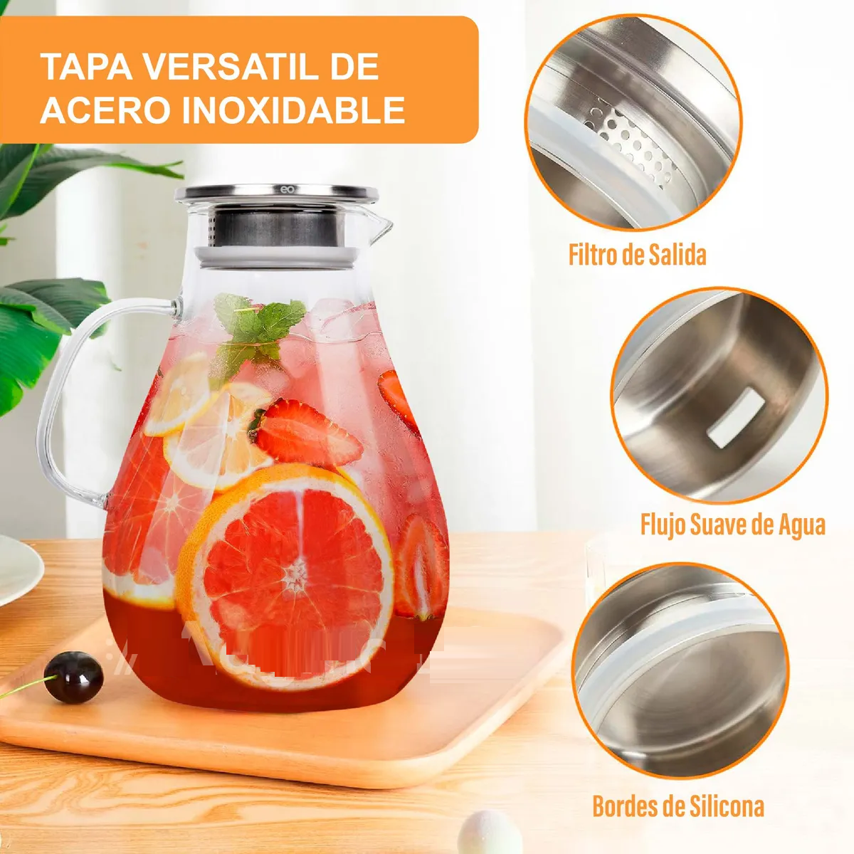 Foto 2 | Jarra De Vidrio Con Tapa De Acero Inoxidable De 2.5 Litros Eo Safe Imports Esi-20712 Transparente