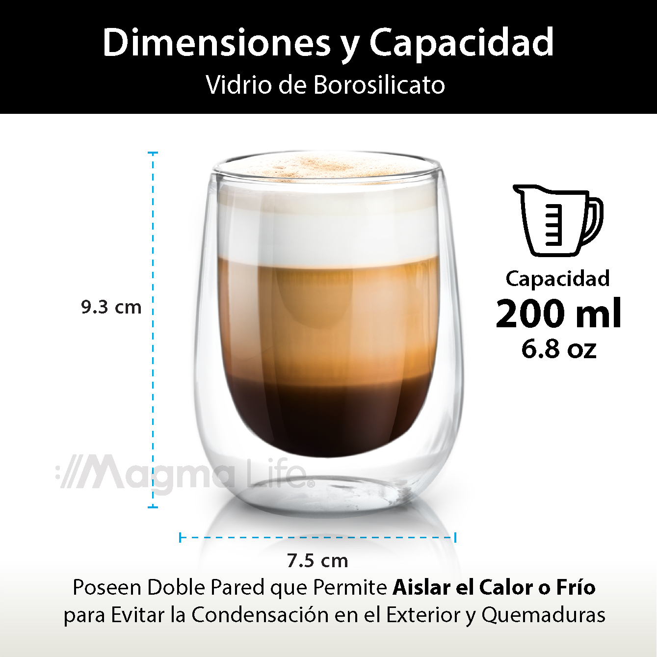 Foto 4 pulgar | Vasos de Cristal de Doble Fondo Magma Life de 200 ML Vidrio Térmico 4 PZAS Ideal para Capuchino Té o Vino