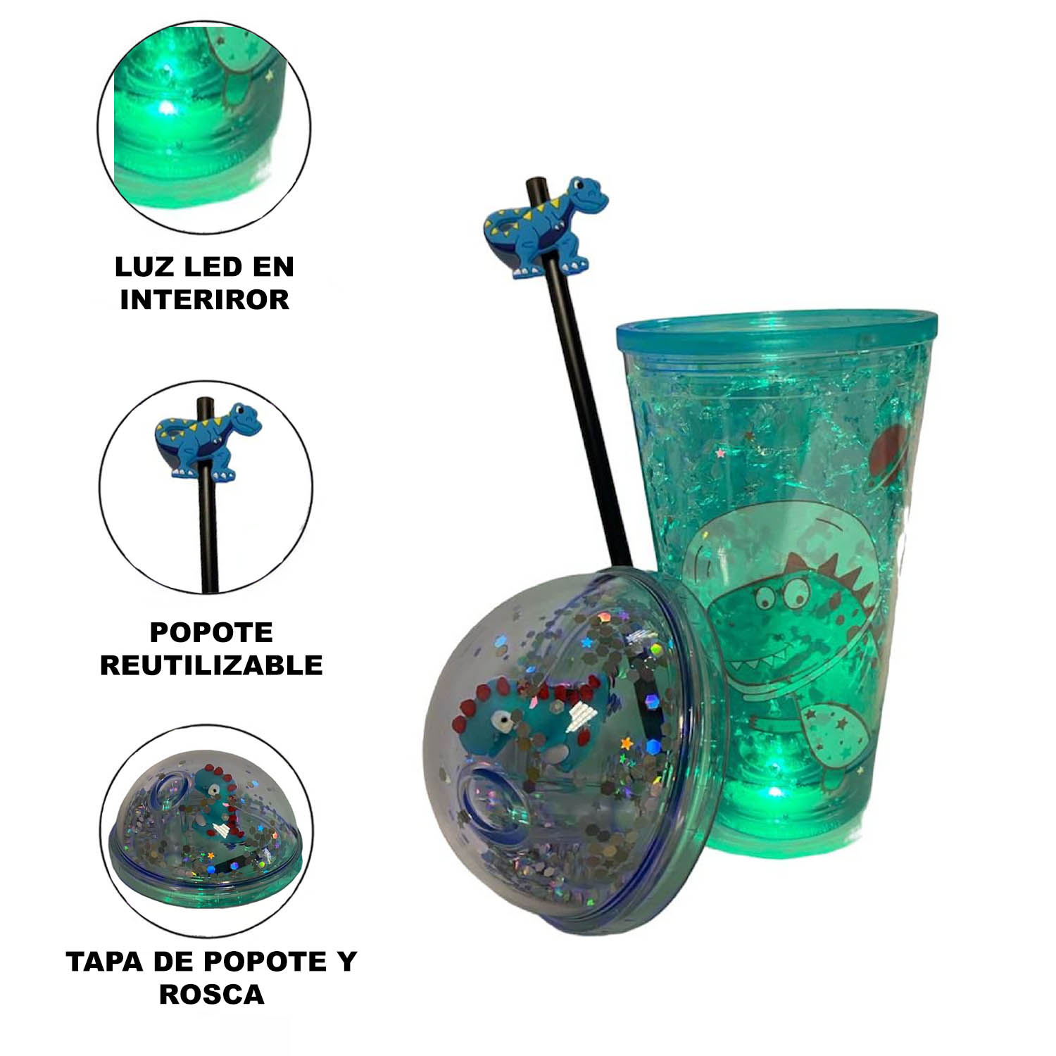 Foto 4 pulgar | Botella de Agua Infantil de Plástico Dinosaurio con Led Azul