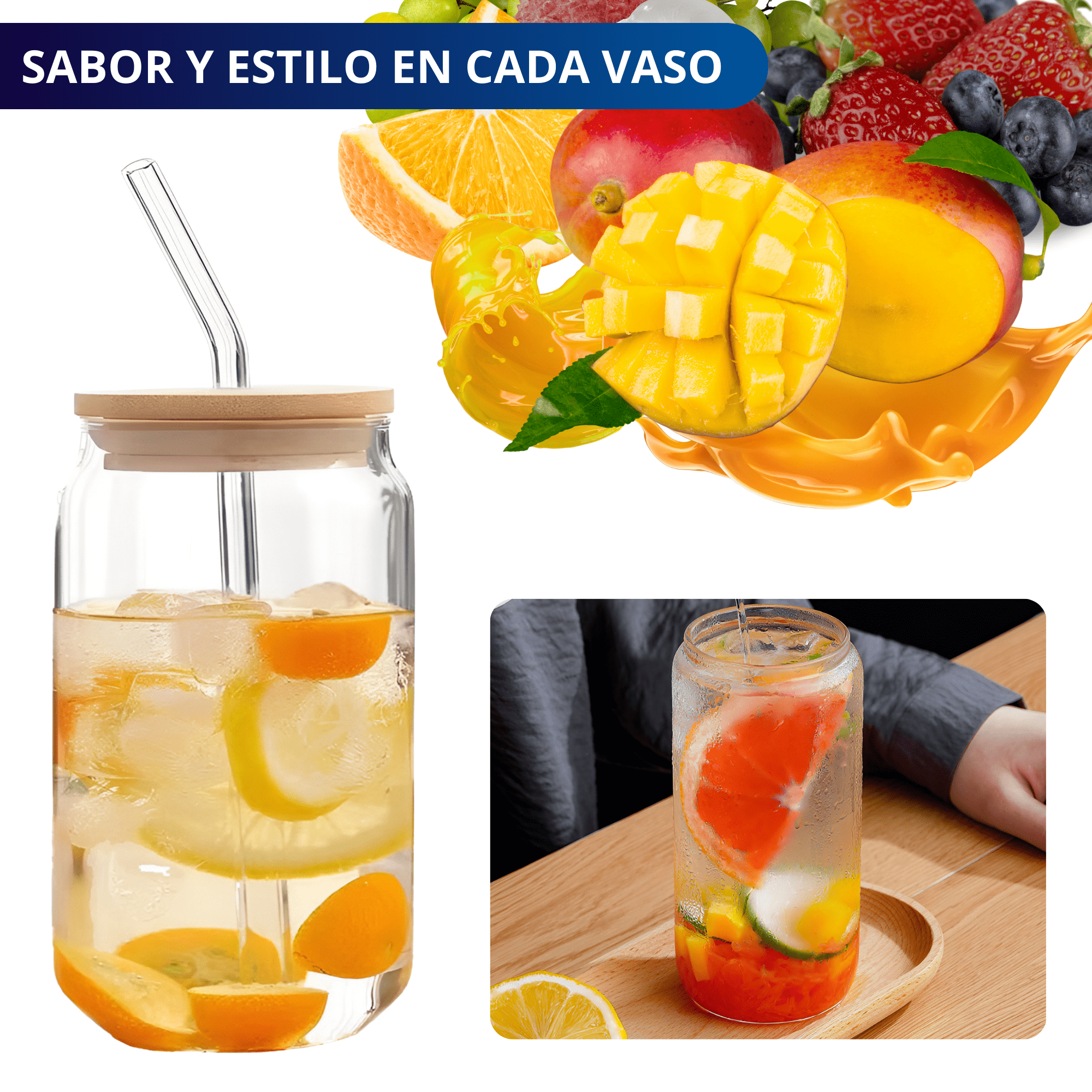 Foto 4 pulgar | Vasos de Vidrio con Popote Ecomlab Tapa Bambú 4 Piezas