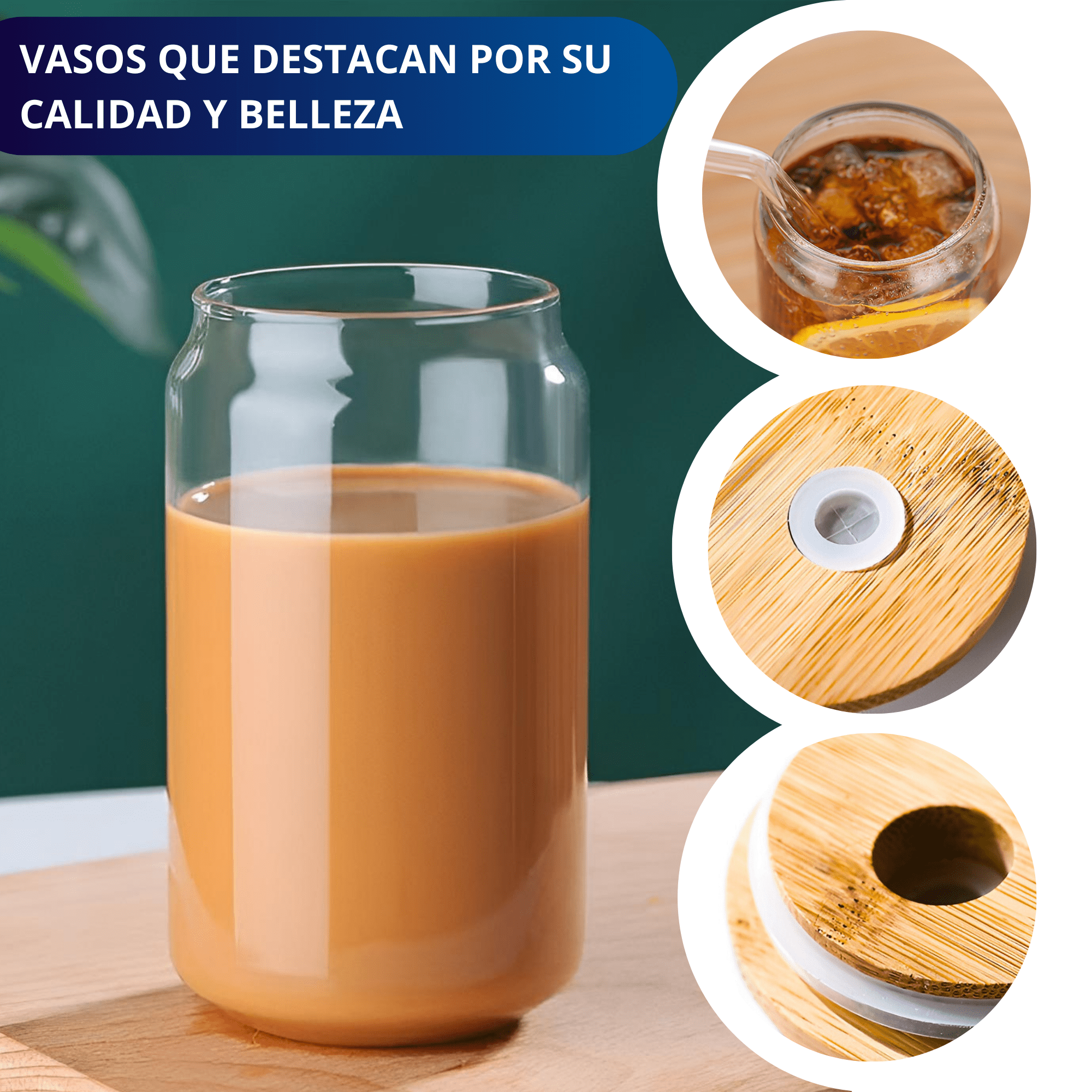 Foto 8 pulgar | Vasos de Vidrio con Popote Ecomlab Tapa Bambú 4 Piezas
