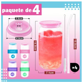 Foto 2 | Juego De 4 Vasos De Vidrio Con Tapa Acrílica De Colores Wünd