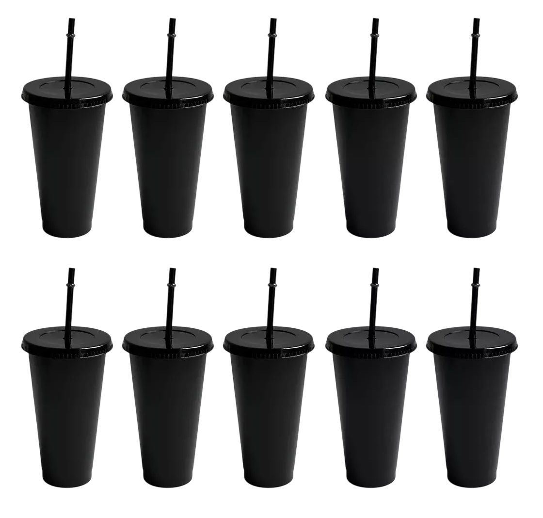 Vasos Reutilizables Con Tapa Y Pajita 10 Pzs, Negro