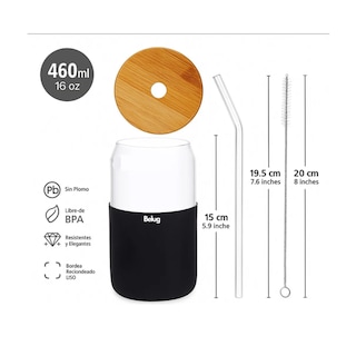 Foto 2 | Set De 4 Vasos Vidrio Con Popote Tapa Bambú Y Funda Silicón Belug, Color Negro