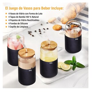Foto 4 | Set De 4 Vasos Vidrio Con Popote Tapa Bambú Y Funda Silicón Belug, Color Negro