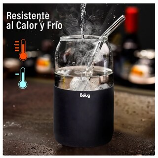 Foto 5 | Set De 4 Vasos Vidrio Con Popote Tapa Bambú Y Funda Silicón Belug, Color Negro
