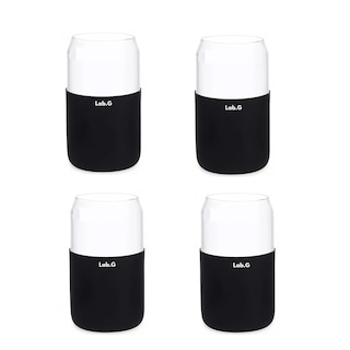 Foto 1 | Set De 4 Vasos Vidrio Con Popote Tapa Bambú Y Funda Silicón Lab.g, Color Negro