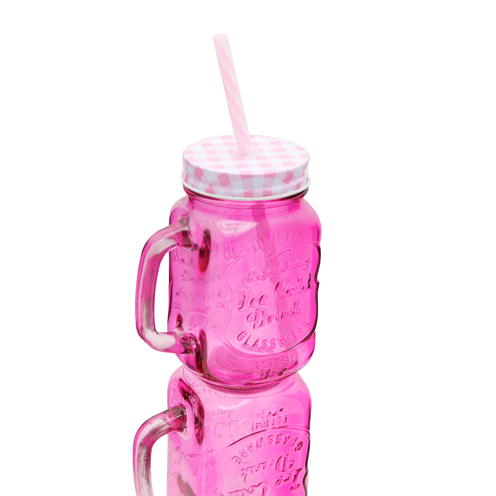 Foto 1 | 12 Tarros De Vidrio Con Tapa Y Popote Rosa 470 Ml Vencort