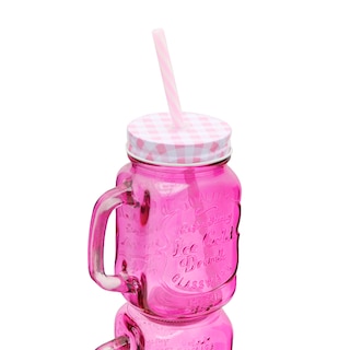 Foto 2 | 12 Tarros De Vidrio Con Tapa Y Popote Rosa 470 Ml Vencort