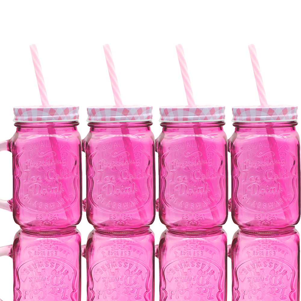 Foto 4 | 12 Tarros De Vidrio Con Tapa Y Popote Rosa 470 Ml Vencort