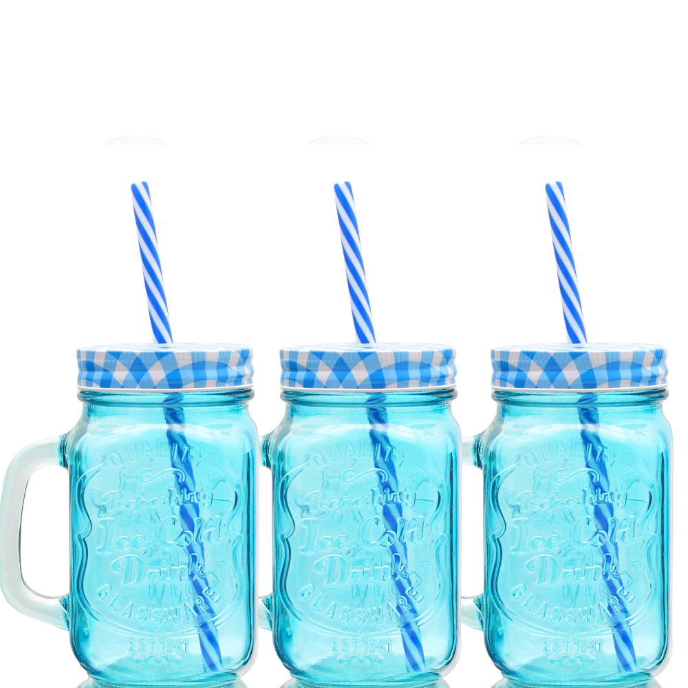 Foto 2 pulgar | 12 Tarros De Vidrio Con Tapa Y Popote Azul 470 Ml Vencort