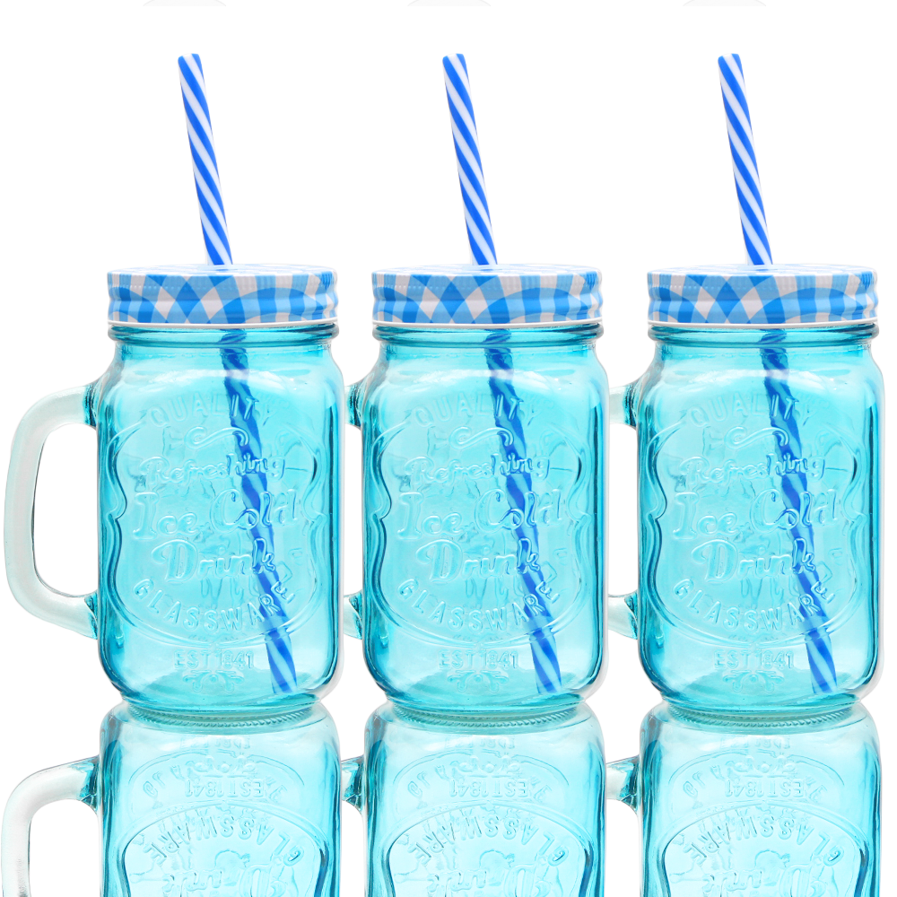 Foto 3 pulgar | 12 Tarros De Vidrio Con Tapa Y Popote Azul 470 Ml Vencort