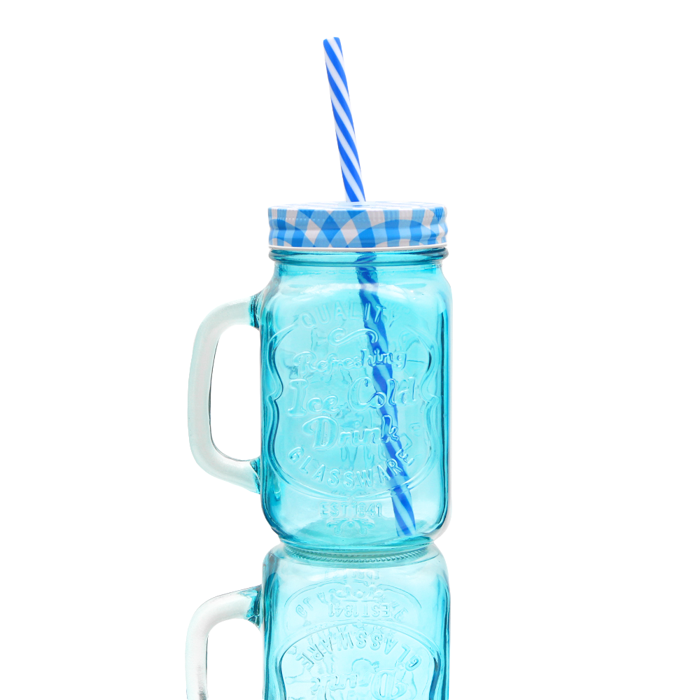 Foto 4 pulgar | 12 Tarros De Vidrio Con Tapa Y Popote Azul 470 Ml Vencort
