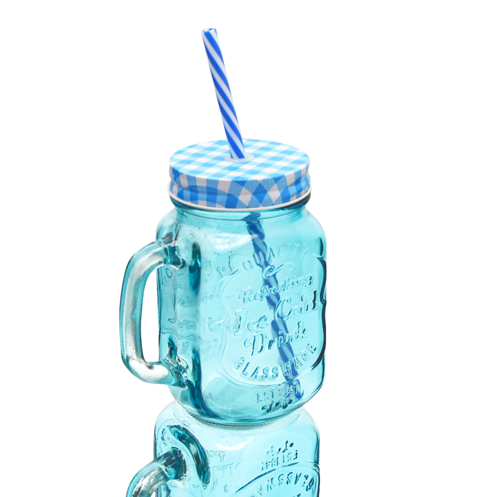 Foto 4 | 12 Tarros De Vidrio Con Tapa Y Popote Azul 470 Ml Vencort