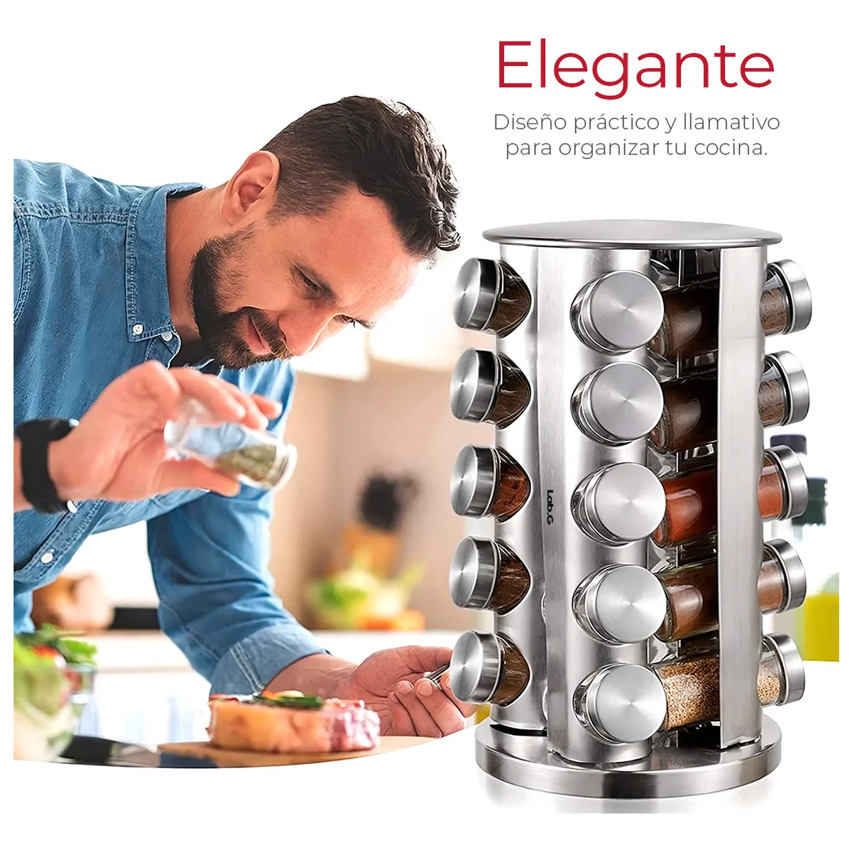 Foto 4 pulgar | Especiero Redondo Giratorio De Acero Inoxidable 20 Frascos De Cristal Lab.g Plata