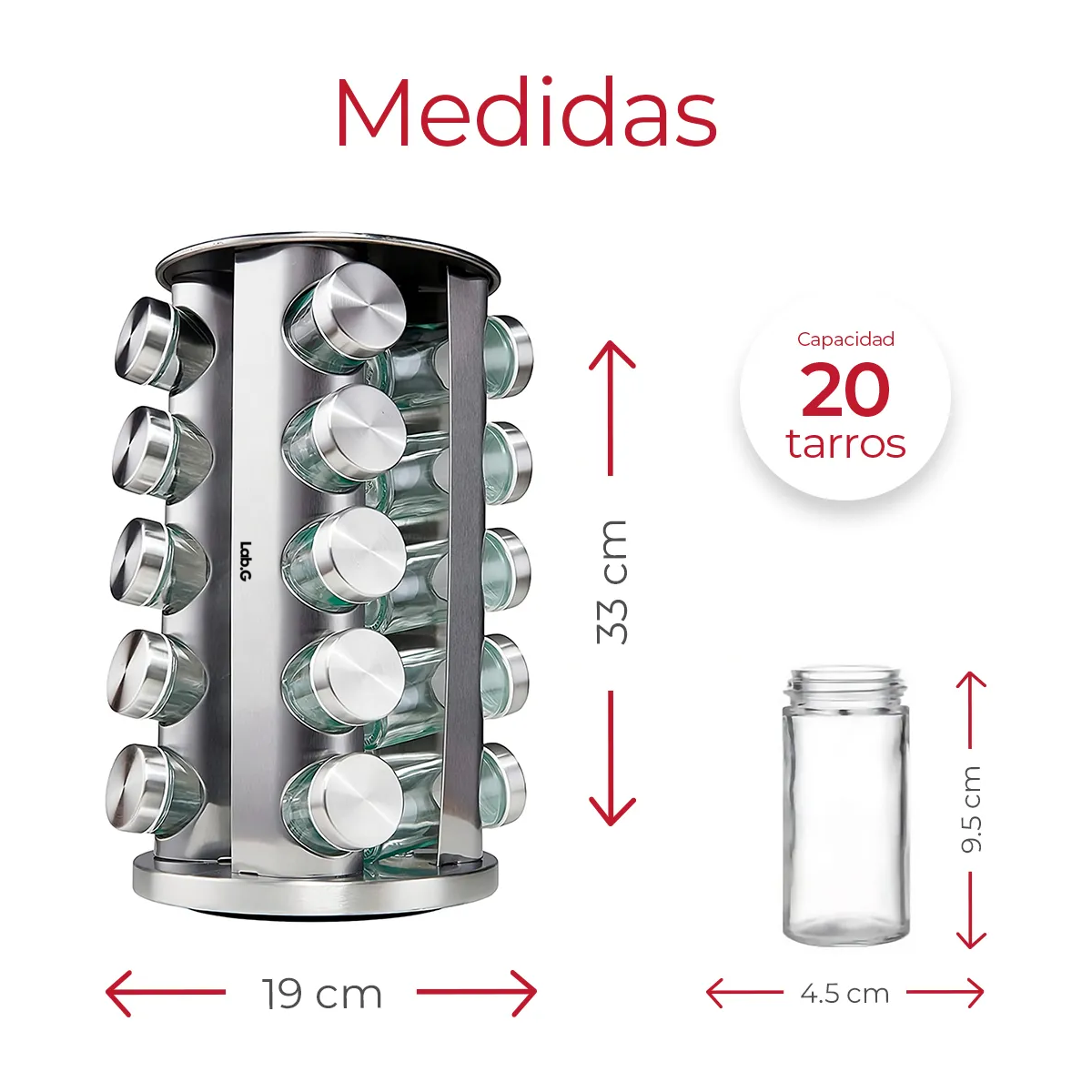 Foto 4 | Especiero Redondo Giratorio De Acero Inoxidable 20 Frascos De Cristal Lab.g Plata