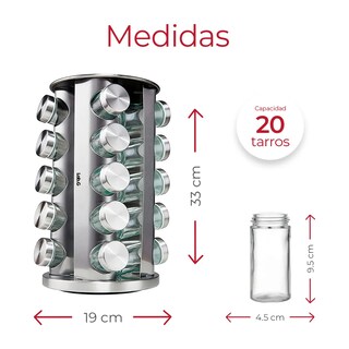 Foto 4 | Especiero Redondo Giratorio De Acero Inoxidable 20 Frascos De Cristal Lab.g Plata