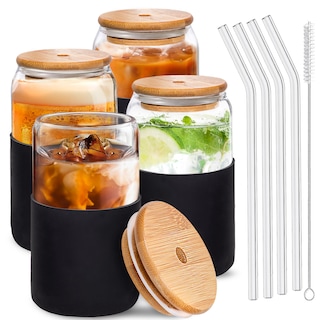 Foto 1 | Magma Life Set De 4 Vasos De Cristal Con Manga De Silicón Tapa De Bambú Popotes Y Cepillo 460 Ml