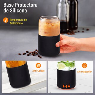 Foto 2 | Magma Life Set De 4 Vasos De Cristal Con Manga De Silicón Tapa De Bambú Popotes Y Cepillo 460 Ml