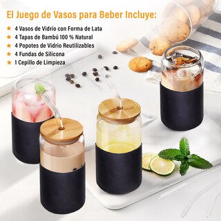 Foto 3 | Magma Life Set De 4 Vasos De Cristal Con Manga De Silicón Tapa De Bambú Popotes Y Cepillo 460 Ml
