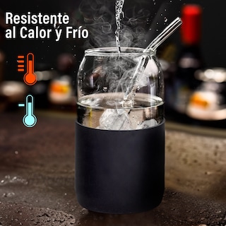 Foto 5 | Magma Life Set De 4 Vasos De Cristal Con Manga De Silicón Tapa De Bambú Popotes Y Cepillo 460 Ml