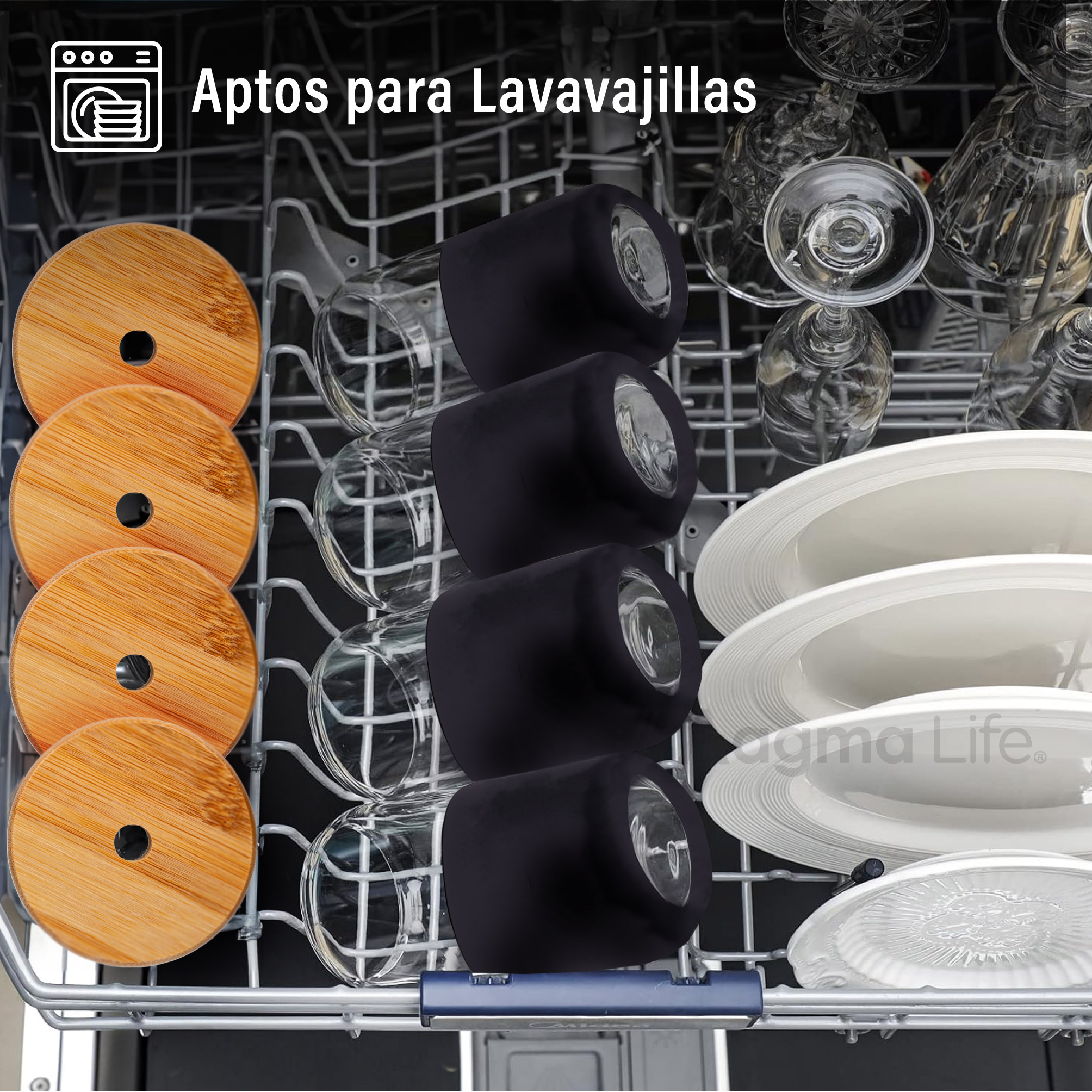 Foto 7 pulgar | Magma Life Set De 4 Vasos De Cristal Con Manga De Silicón  Tapa De Bambú  Popotes Y Cepillo  460 Ml