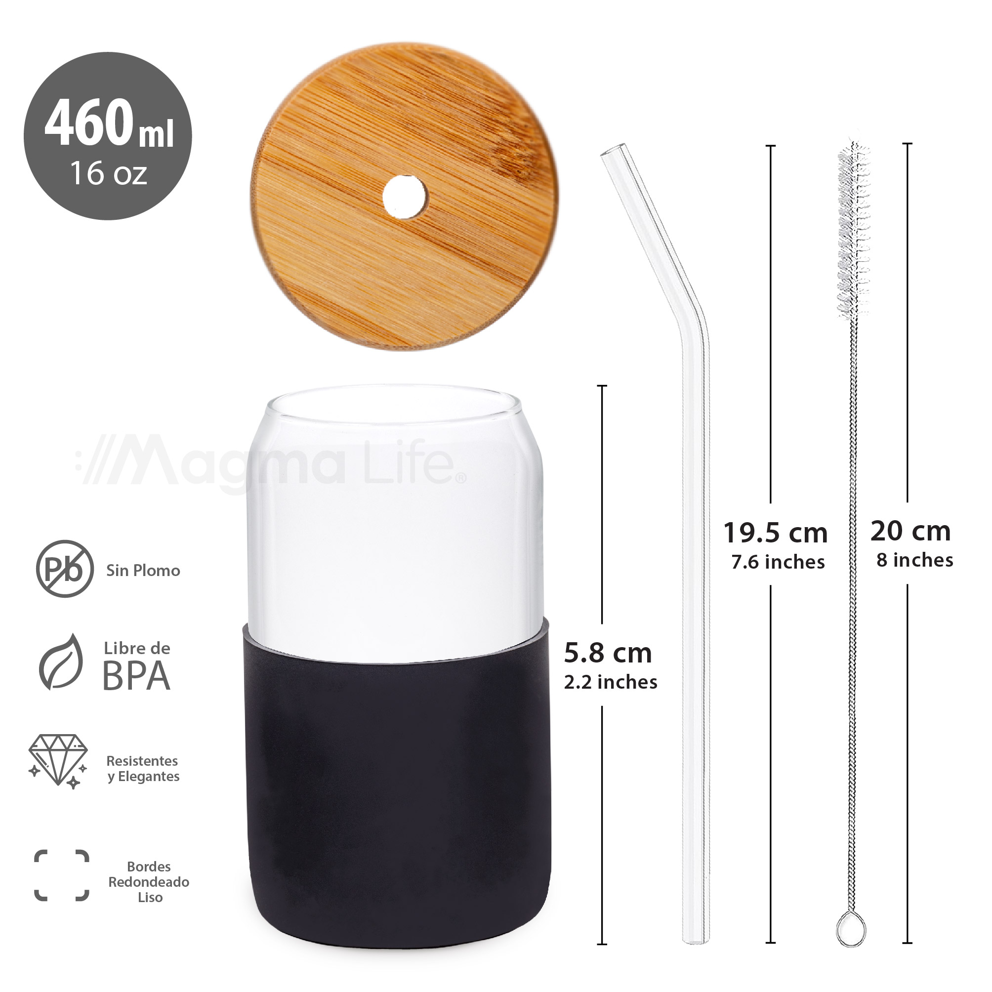 Foto 8 pulgar | Magma Life Set De 4 Vasos De Cristal Con Manga De Silicón  Tapa De Bambú  Popotes Y Cepillo  460 Ml