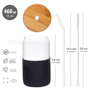 Foto 7 | Magma Life Set De 4 Vasos De Cristal Con Manga De Silicón Tapa De Bambú Popotes Y Cepillo 460 Ml