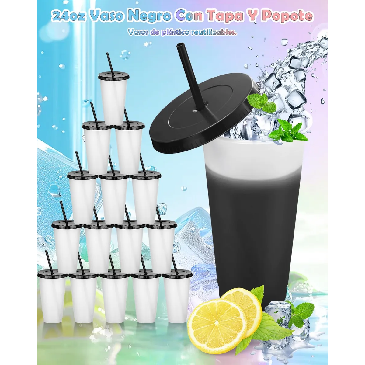 Foto 3 pulgar | Vasos Mágicos Lab.g Astico Vasos Con Popote Y Tapa 710ml 15pzs Negro
