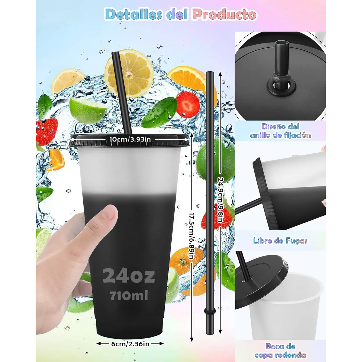 Foto 5 pulgar | Vasos Mágicos Lab.g Astico Vasos Con Popote Y Tapa 710ml 15pzs Negro