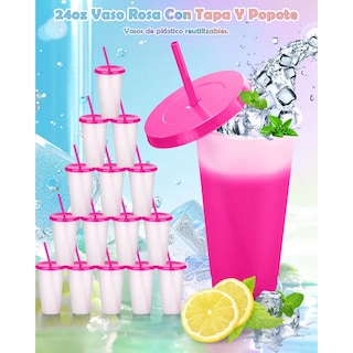 Foto 2 | Vasos Mágicos Lab.g Plastico Vasos Con Popote Y Tapa 710ml 15pzs Rosa