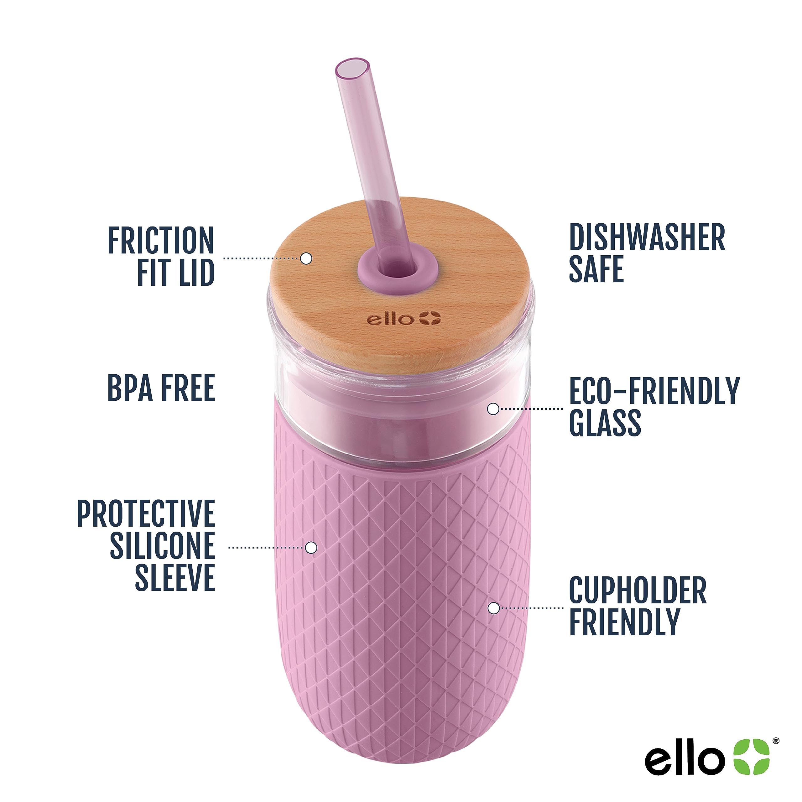Foto 2 | Vaso De Vidrio Ello Devon 530 Ml Con Tapa De Paja De Bambú, Color Malva - Venta Internacional.